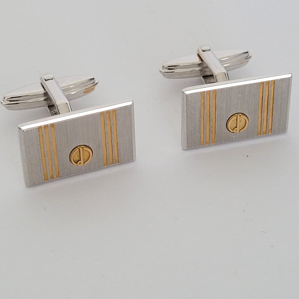 Alfred Dunhill Vintage Two Tone Silver Gold Rectangle Logo Toggle Cufflinks